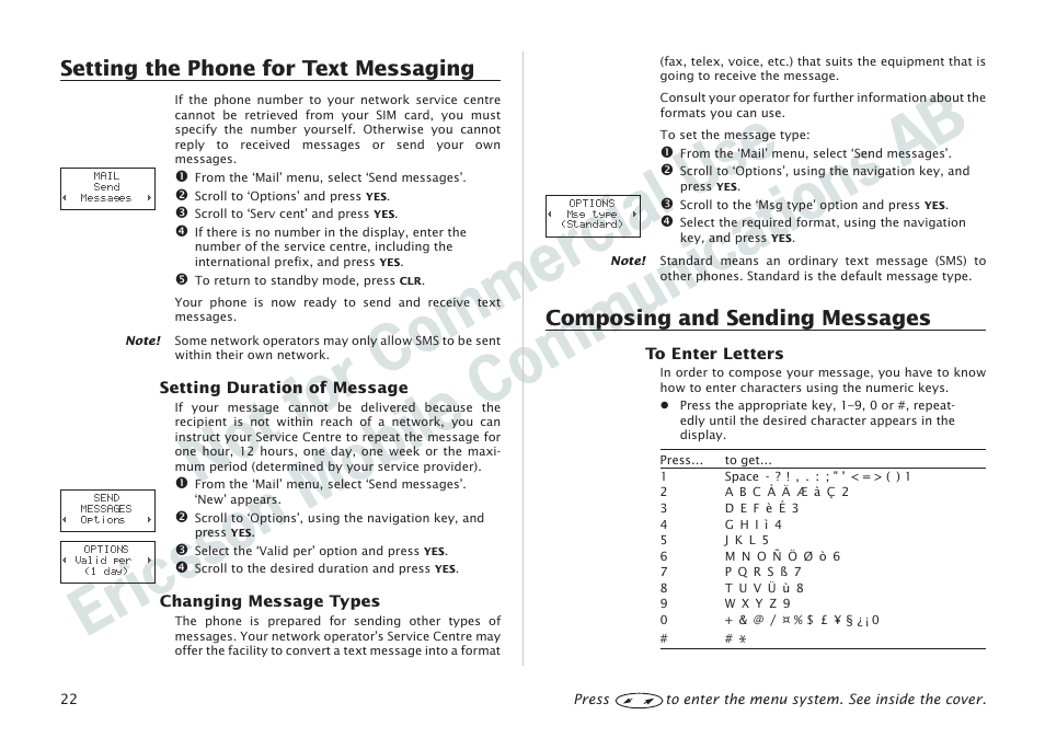 Setting the phone for text messaging, Composing and sending messages | Ericsson I 888 WORLD User Manual | Page 26 / 70