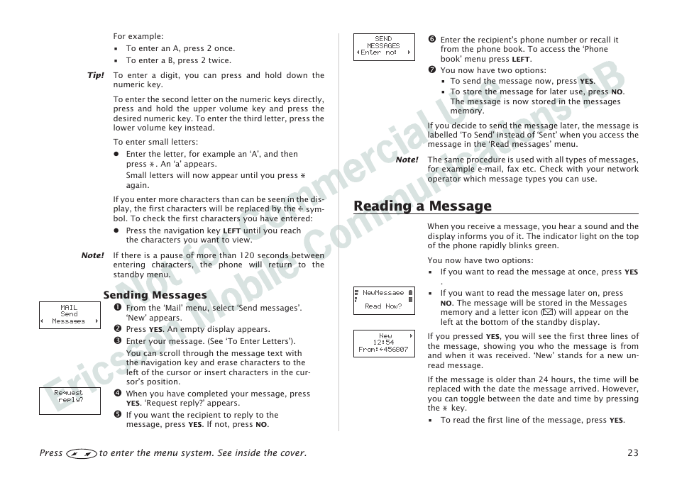 Reading a message 23, Reading a message | Ericsson I 888 WORLD User Manual | Page 27 / 70