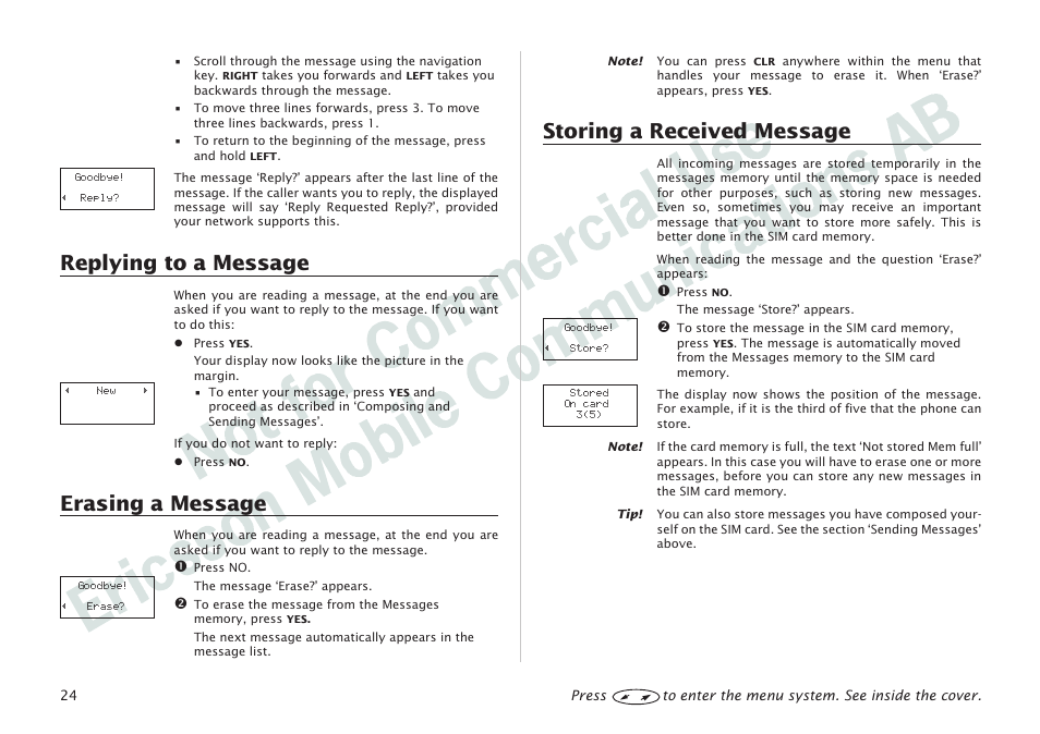 Replying to a message, Erasing a message, Storing a received message | Ericsson I 888 WORLD User Manual | Page 28 / 70