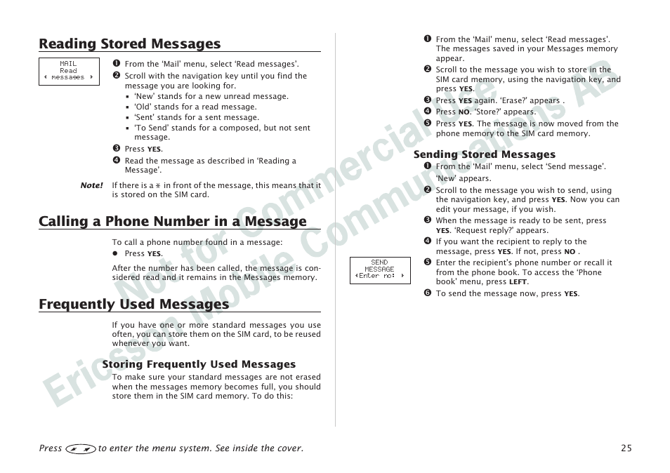 Reading stored messages, Calling a phone number in a message, Frequently used messages | Ericsson I 888 WORLD User Manual | Page 29 / 70