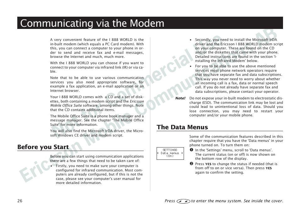 Communicating via the modem, Communicating via the modem 26, Before you start 26, the data menus 26 | Before you start, The data menus | Ericsson I 888 WORLD User Manual | Page 30 / 70