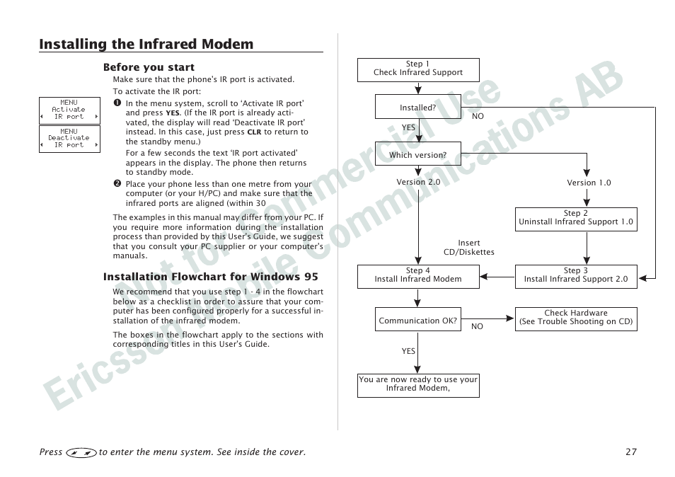 Installing the infrared modem 27, Installing the infrared modem | Ericsson I 888 WORLD User Manual | Page 31 / 70