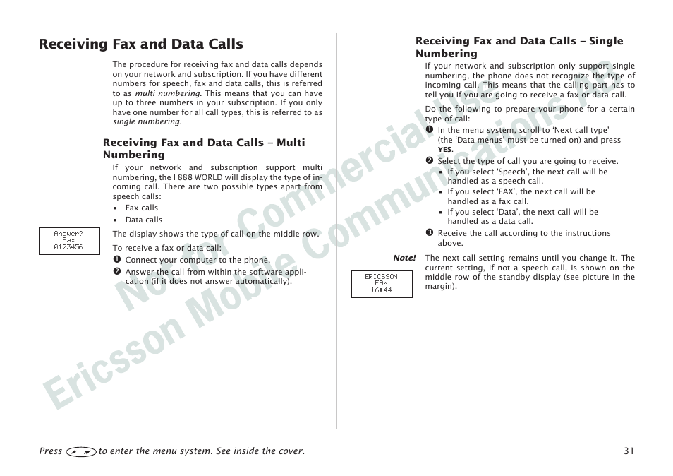 Receiving fax and data calls 31, Receiving fax and data calls | Ericsson I 888 WORLD User Manual | Page 35 / 70