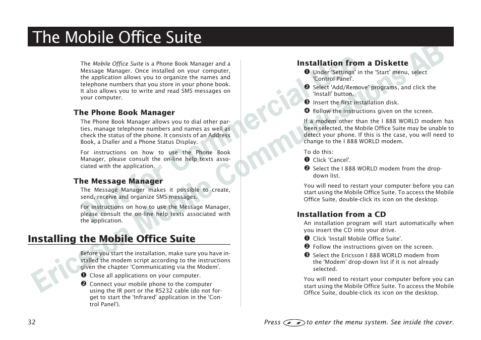 The mobile office suite, The mobile office suite 32, Installing the mobile office suite 32 | Installing the mobile office suite | Ericsson I 888 WORLD User Manual | Page 36 / 70