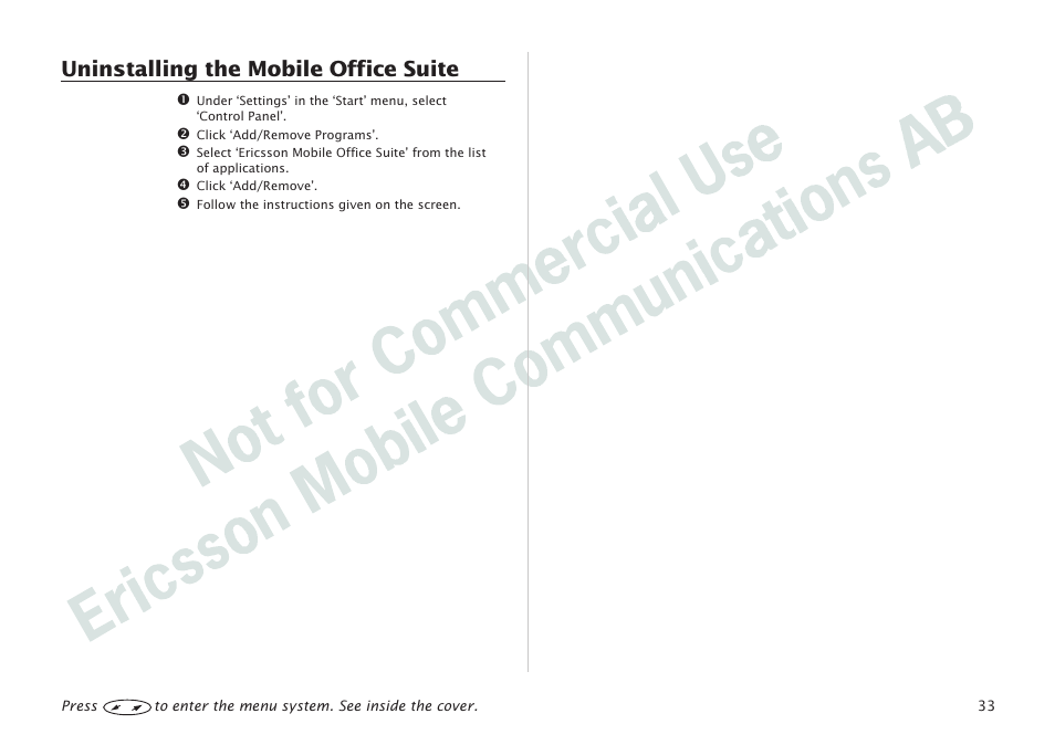 Uninstalling the mobile office suite 33, Uninstalling the mobile office suite | Ericsson I 888 WORLD User Manual | Page 37 / 70