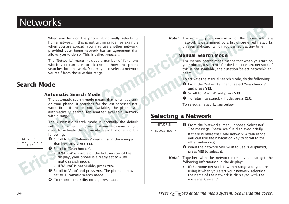 Networks, Networks 34, Search mode 34, selecting a network 34 | Search mode, Selecting a network | Ericsson I 888 WORLD User Manual | Page 38 / 70