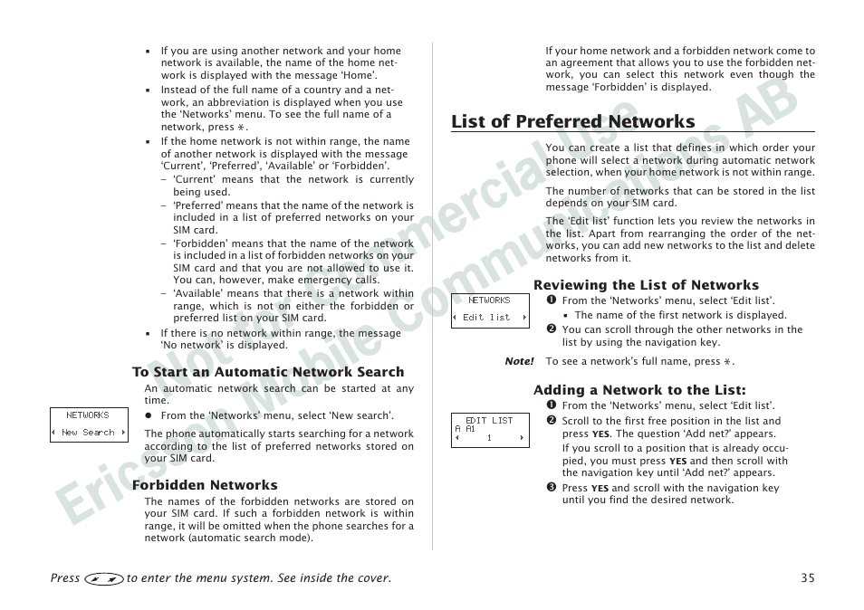 List of preferred networks 35, List of preferred networks | Ericsson I 888 WORLD User Manual | Page 39 / 70