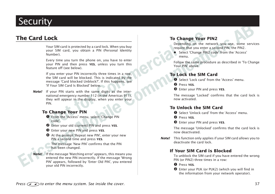 Security, Security 37, The card lock 37 | The card lock | Ericsson I 888 WORLD User Manual | Page 41 / 70