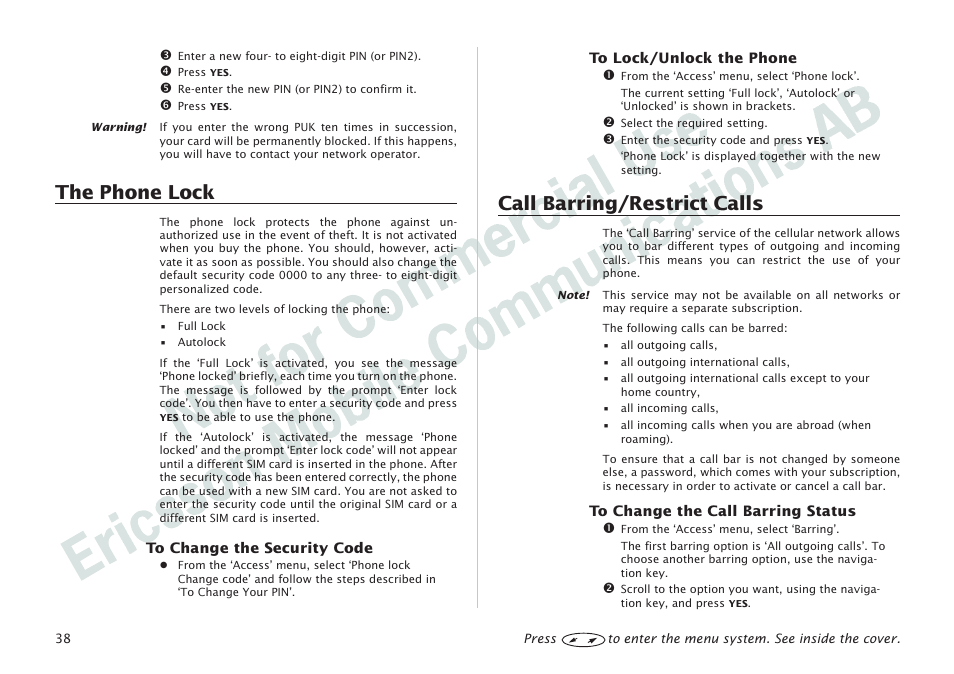 The phone lock 38, call barring/restrict calls 38, The phone lock, Call barring/restrict calls | Ericsson I 888 WORLD User Manual | Page 42 / 70