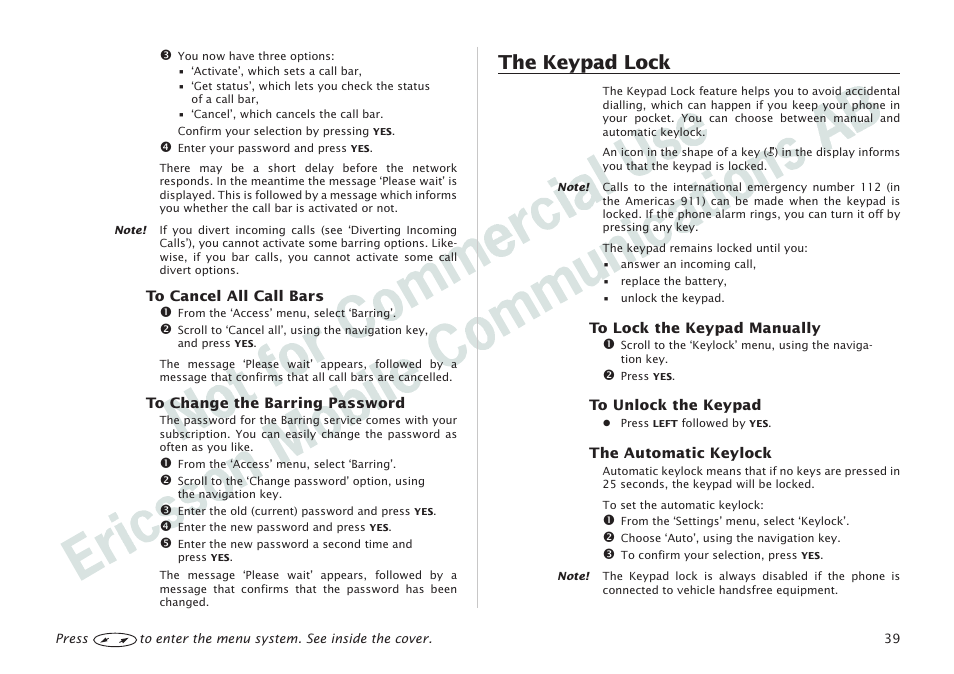 The keypad lock 39, The keypad lock | Ericsson I 888 WORLD User Manual | Page 43 / 70