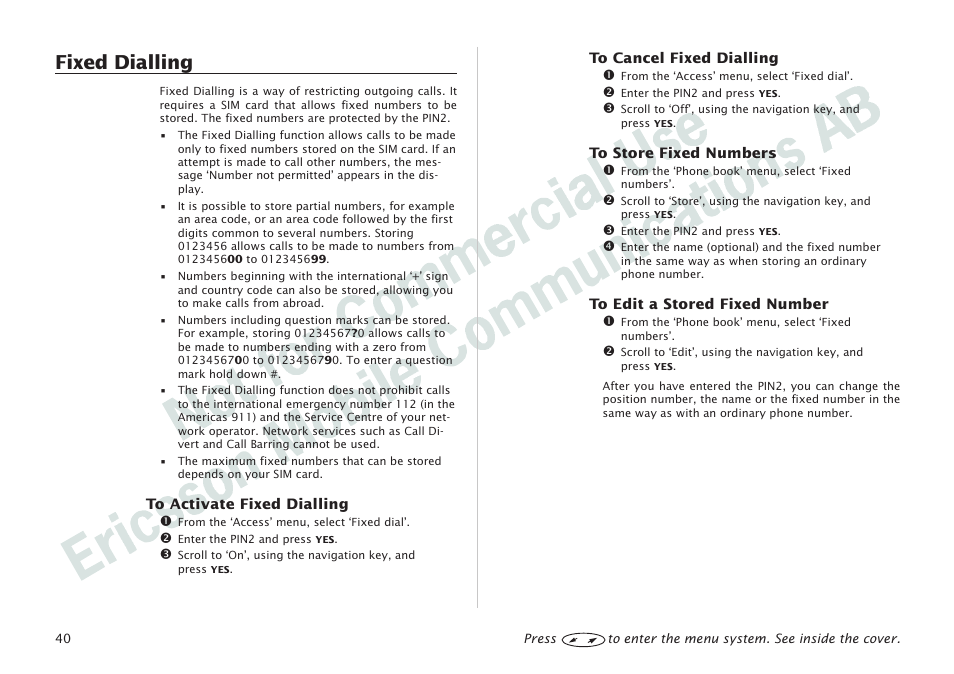 Fixed dialling 40, Fixed dialling | Ericsson I 888 WORLD User Manual | Page 44 / 70