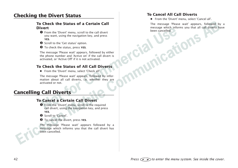 Checking the divert status, Cancelling call diverts | Ericsson I 888 WORLD User Manual | Page 46 / 70