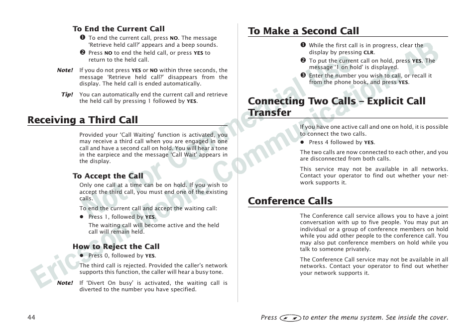 Receiving a third call, Connecting two calls – explicit call transfer, Conference calls | Ericsson I 888 WORLD User Manual | Page 48 / 70