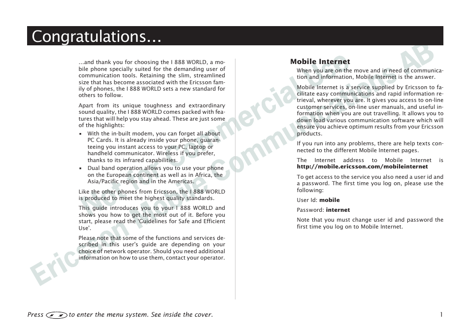 Congratulations | Ericsson I 888 WORLD User Manual | Page 5 / 70