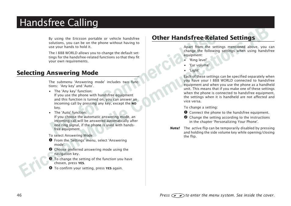 Handsfree calling, Handsfree calling 46, Selecting answering mode | Other handsfree-related settings | Ericsson I 888 WORLD User Manual | Page 50 / 70