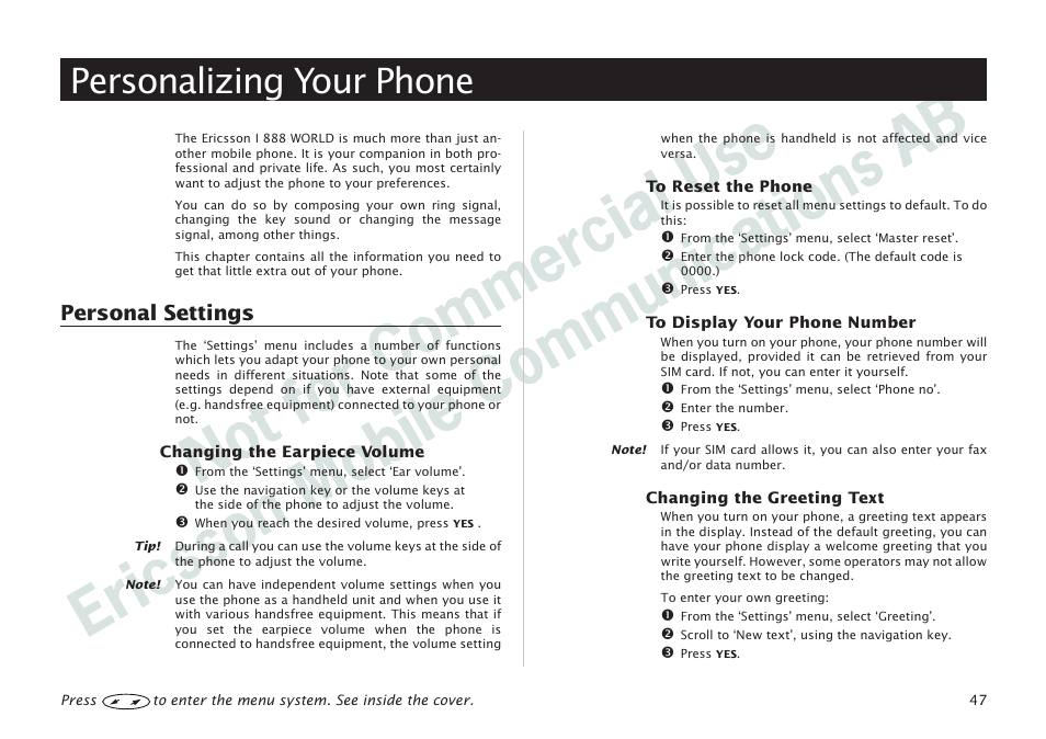 Personalizing your phone, Personalizing your phone 47, Personal settings 47 | Personal settings | Ericsson I 888 WORLD User Manual | Page 51 / 70