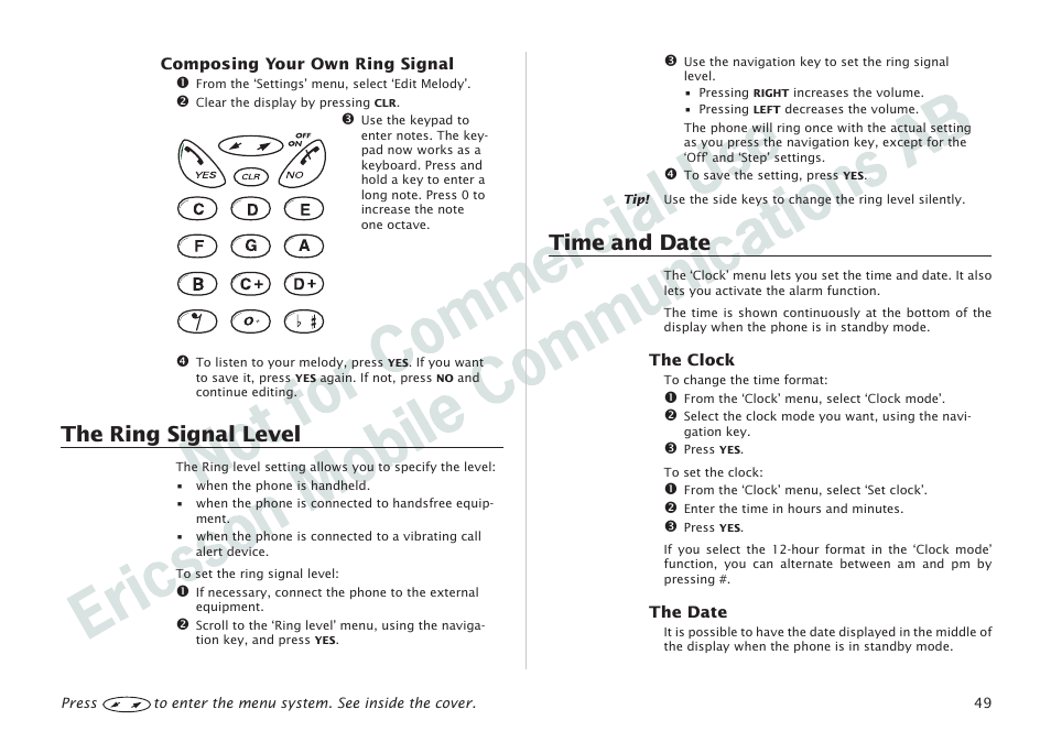 The ring signal level 49, time and date 49, The ring signal level, Time and date | Ericsson I 888 WORLD User Manual | Page 53 / 70