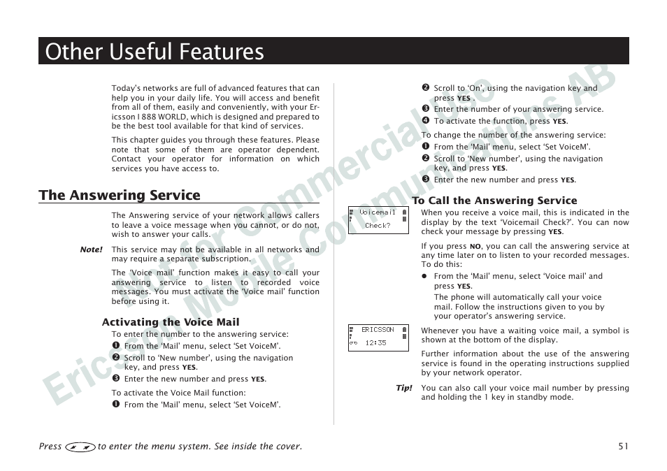 Other useful features, Other useful features 51, The answering service 51 | The answering service | Ericsson I 888 WORLD User Manual | Page 55 / 70