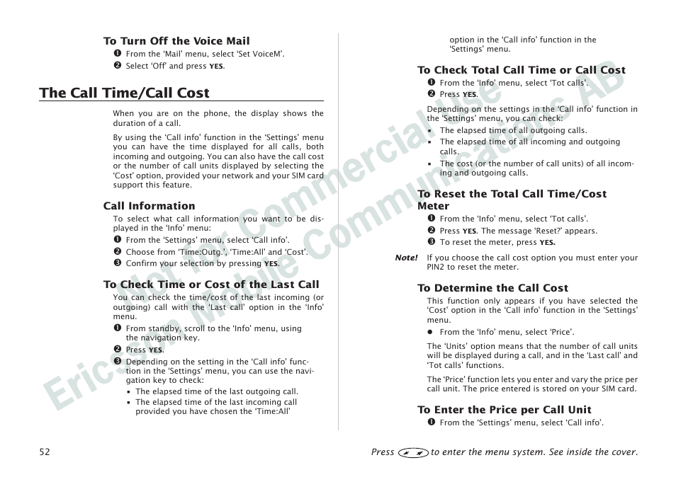 The call time/call cost 52, The call time/call cost | Ericsson I 888 WORLD User Manual | Page 56 / 70