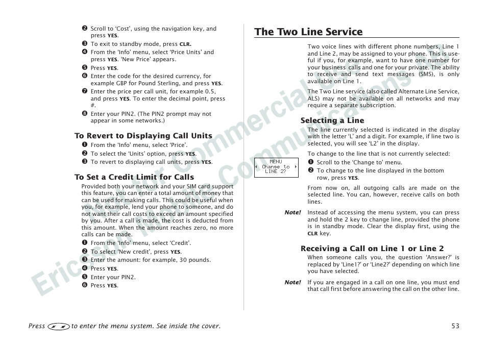 The two line serv- ice 53, The two line service | Ericsson I 888 WORLD User Manual | Page 57 / 70
