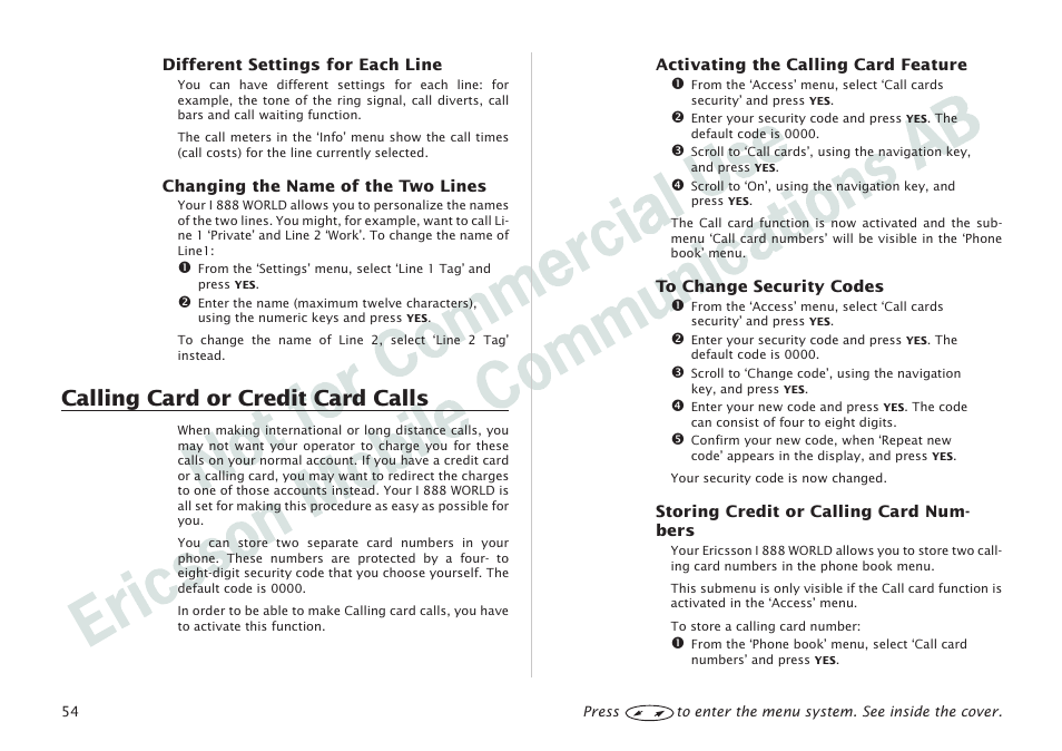 Calling card or credit card calls 54, Calling card or credit card calls | Ericsson I 888 WORLD User Manual | Page 58 / 70