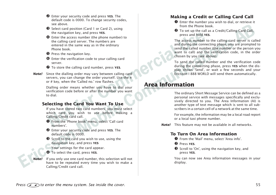 Area information 55, Area information | Ericsson I 888 WORLD User Manual | Page 59 / 70