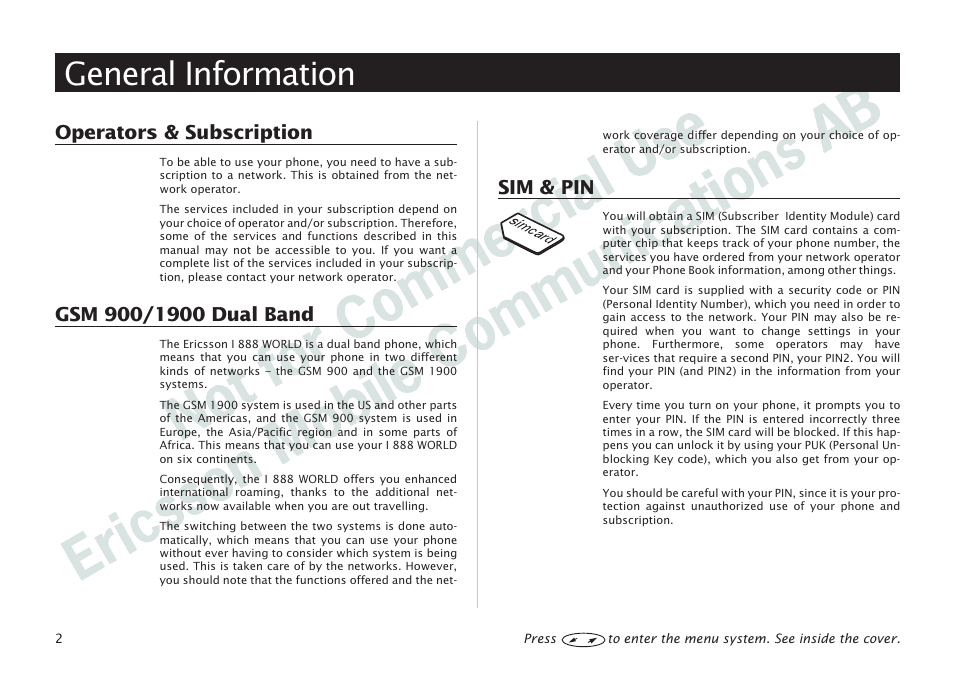 General information, General information 2, Operators & subscription | Sim & pin | Ericsson I 888 WORLD User Manual | Page 6 / 70