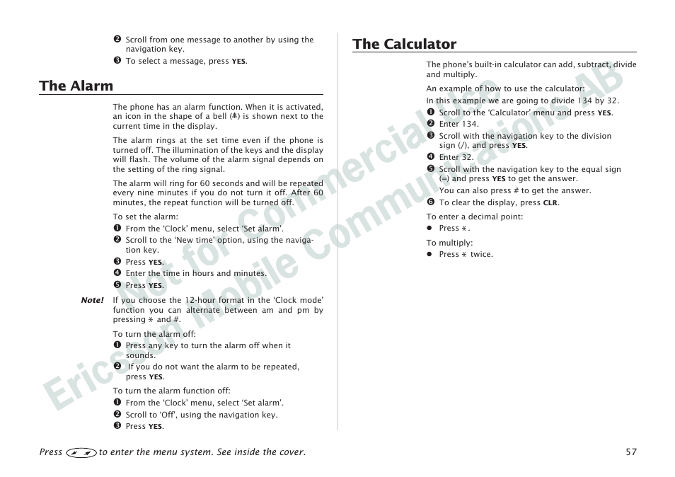 The alarm 57, the calculator 57, The alarm, The calculator | Ericsson I 888 WORLD User Manual | Page 61 / 70