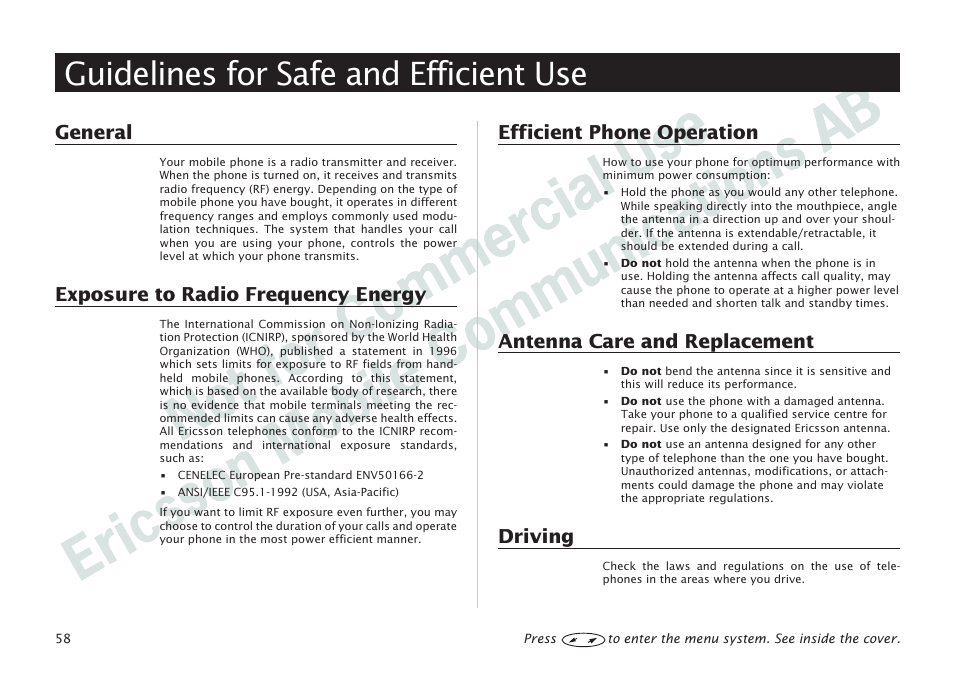 Guidelines for safe and efficient use, Guidelines for safe and efficient use 58, General | Exposure to radio frequency energy, Efficient phone operation, Antenna care and replacement, Driving | Ericsson I 888 WORLD User Manual | Page 62 / 70