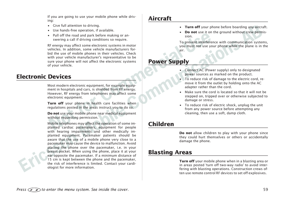 Electronic devices, Aircraft, Power supply | Children, Blasting areas | Ericsson I 888 WORLD User Manual | Page 63 / 70