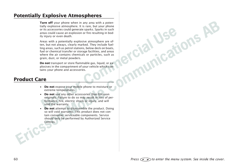 Potentially explosive atmospheres, Product care | Ericsson I 888 WORLD User Manual | Page 64 / 70