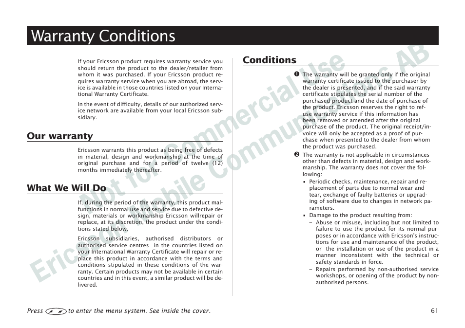 Warranty conditions, Warranty conditions 61, Our warranty | What we will do, Conditions | Ericsson I 888 WORLD User Manual | Page 65 / 70