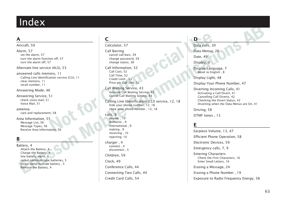 Index | Ericsson I 888 WORLD User Manual | Page 67 / 70