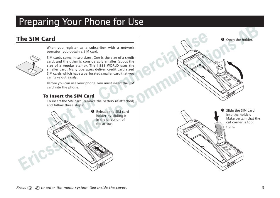 Preparing your phone for use, Preparing your phone for use 3, The sim card 3 | The sim card | Ericsson I 888 WORLD User Manual | Page 7 / 70