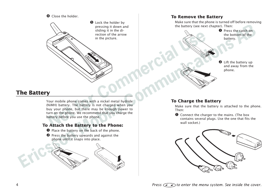 The battery 4, The battery | Ericsson I 888 WORLD User Manual | Page 8 / 70