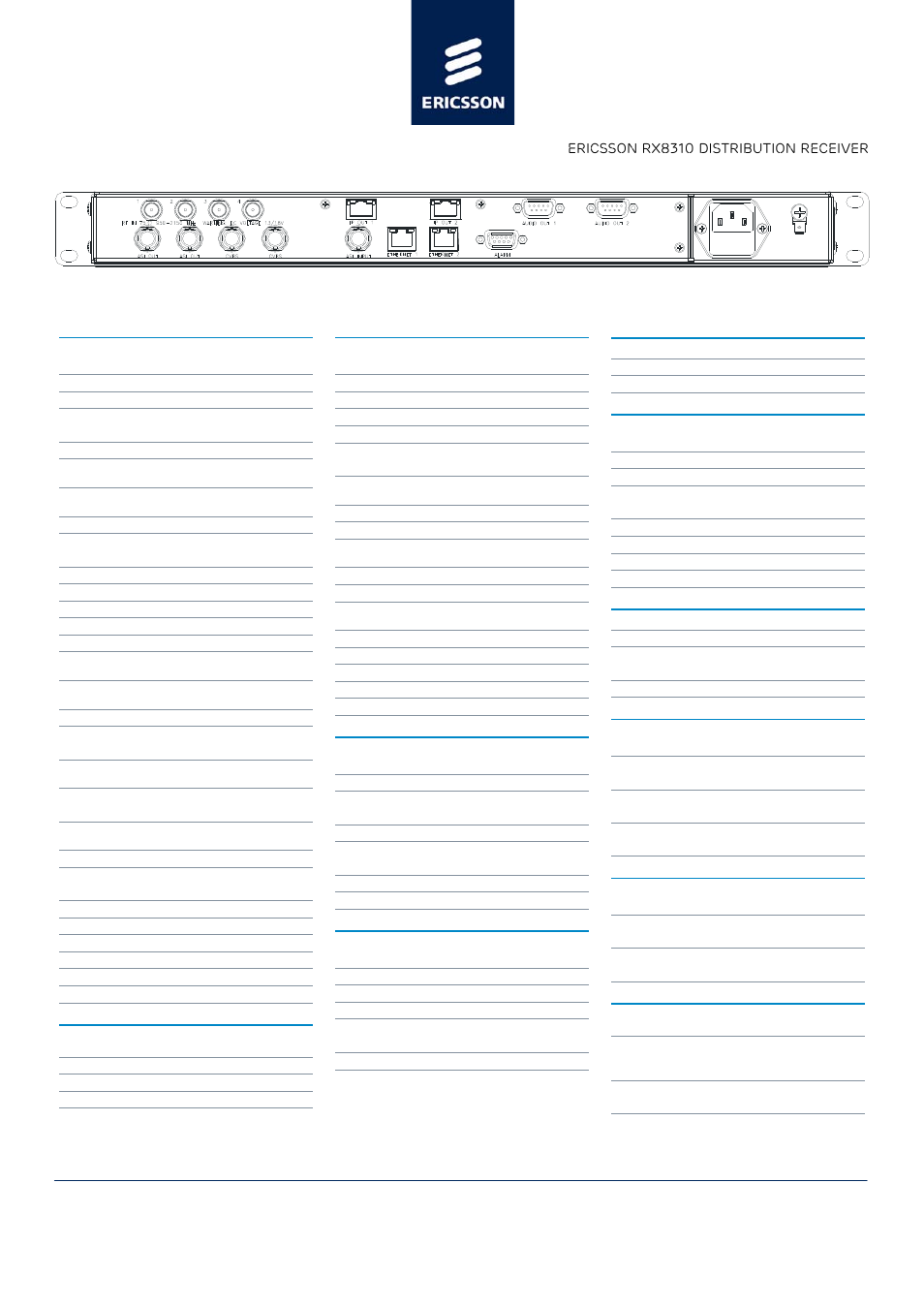 Specifications, Sample configuration, Ericsson rx8310 distribution receiver | Ericsson RX8310 User Manual | Page 3 / 3