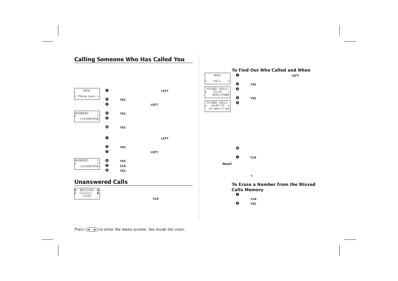 Answered calls memory 11, Calling line identification service (cli) 11, Clear memory 11 | Recall number 11, Missed calls 11, Who called 11, Unanswered calls 11, Calling someone who has called you, Unanswered calls | Ericsson SH888 User Manual | Page 15 / 71