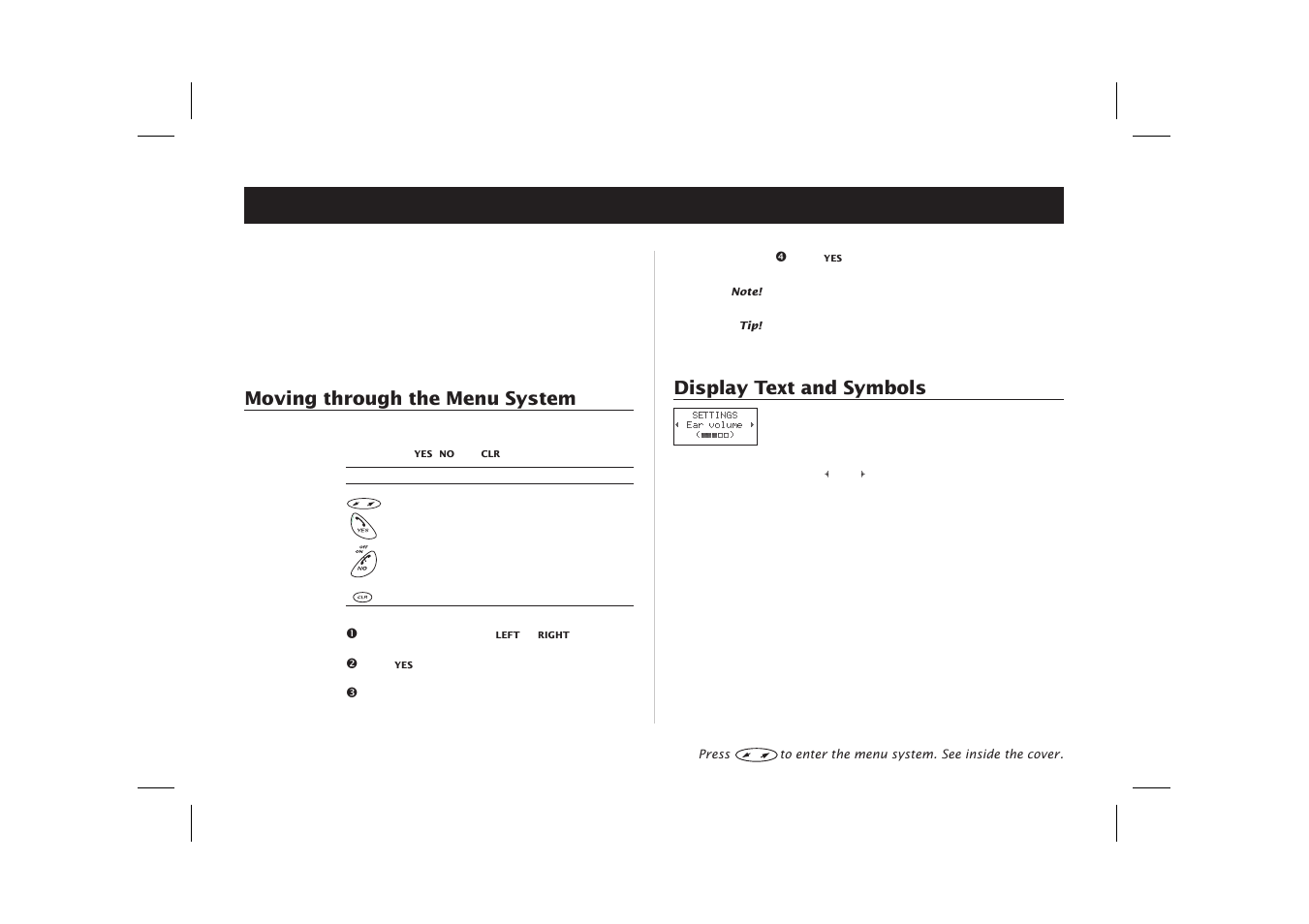 The menu system, Menu system 14, Moving through the menu system | Display text and symbols | Ericsson SH888 User Manual | Page 18 / 71