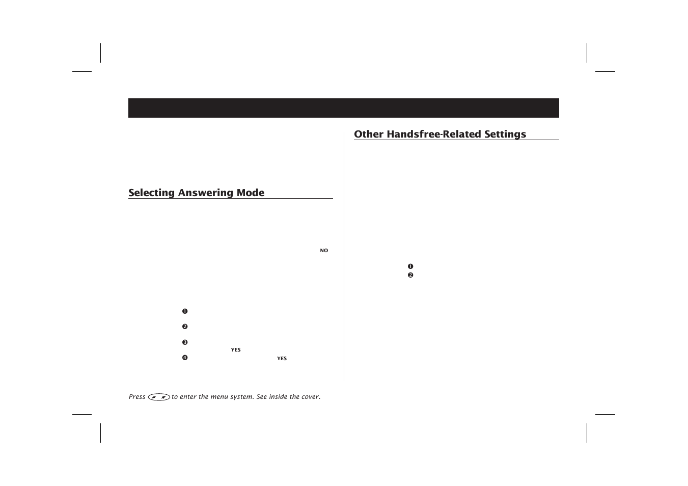 Handsfree calling, Answering mode 47, Handsfree calling 47 | Handsfree-related settings 47, Selecting answering mode, Other handsfree-related settings | Ericsson SH888 User Manual | Page 51 / 71