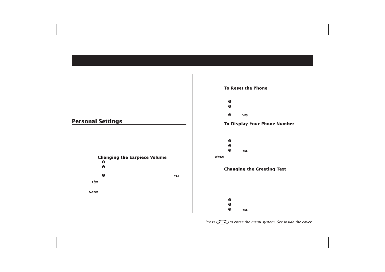 Personalizing your phone, Display your phone number 48, Greeting text 48 | Reset the phone 48, Personal settings | Ericsson SH888 User Manual | Page 52 / 71