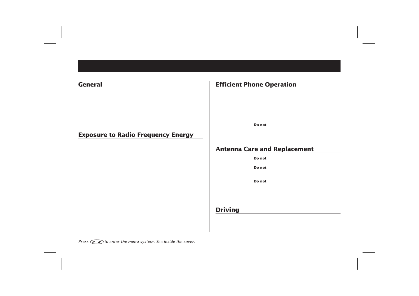 Guidelines for safe and efficient use, Care and replacement 59, Driving 59 | Efficient phone operation 59, Exposure to radio frequency energy 59, General, Exposure to radio frequency energy, Efficient phone operation, Antenna care and replacement, Driving | Ericsson SH888 User Manual | Page 63 / 71