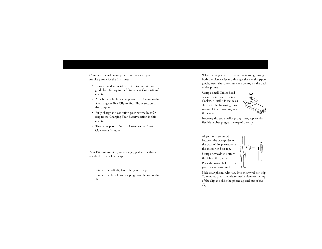 Getting started, Attaching your standard or swivel belt clip, Not for commercial use – ericsson inc | Ericsson T18d User Manual | Page 13 / 79