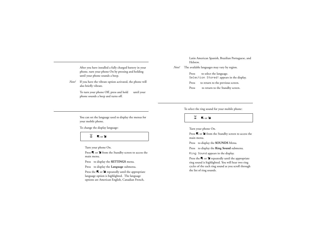 Turning your phone on and off, Setting the display language, Setting the ring sound | Not for commercial use – ericsson inc | Ericsson T18d User Manual | Page 26 / 79