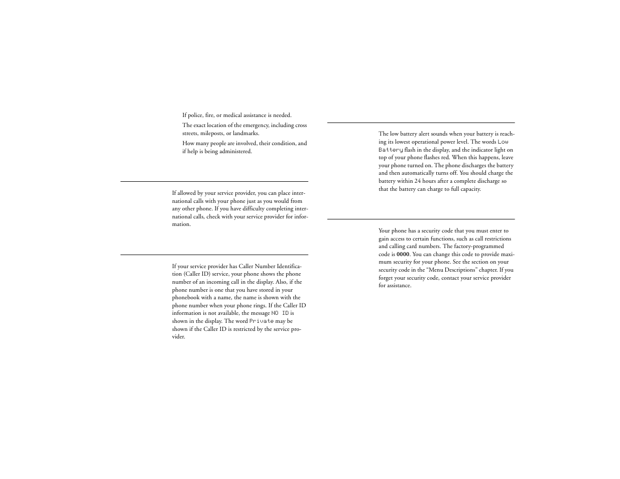 International calls, Caller number identification, Low battery power alert | Security code, Not for commercial use – ericsson inc | Ericsson T18d User Manual | Page 31 / 79