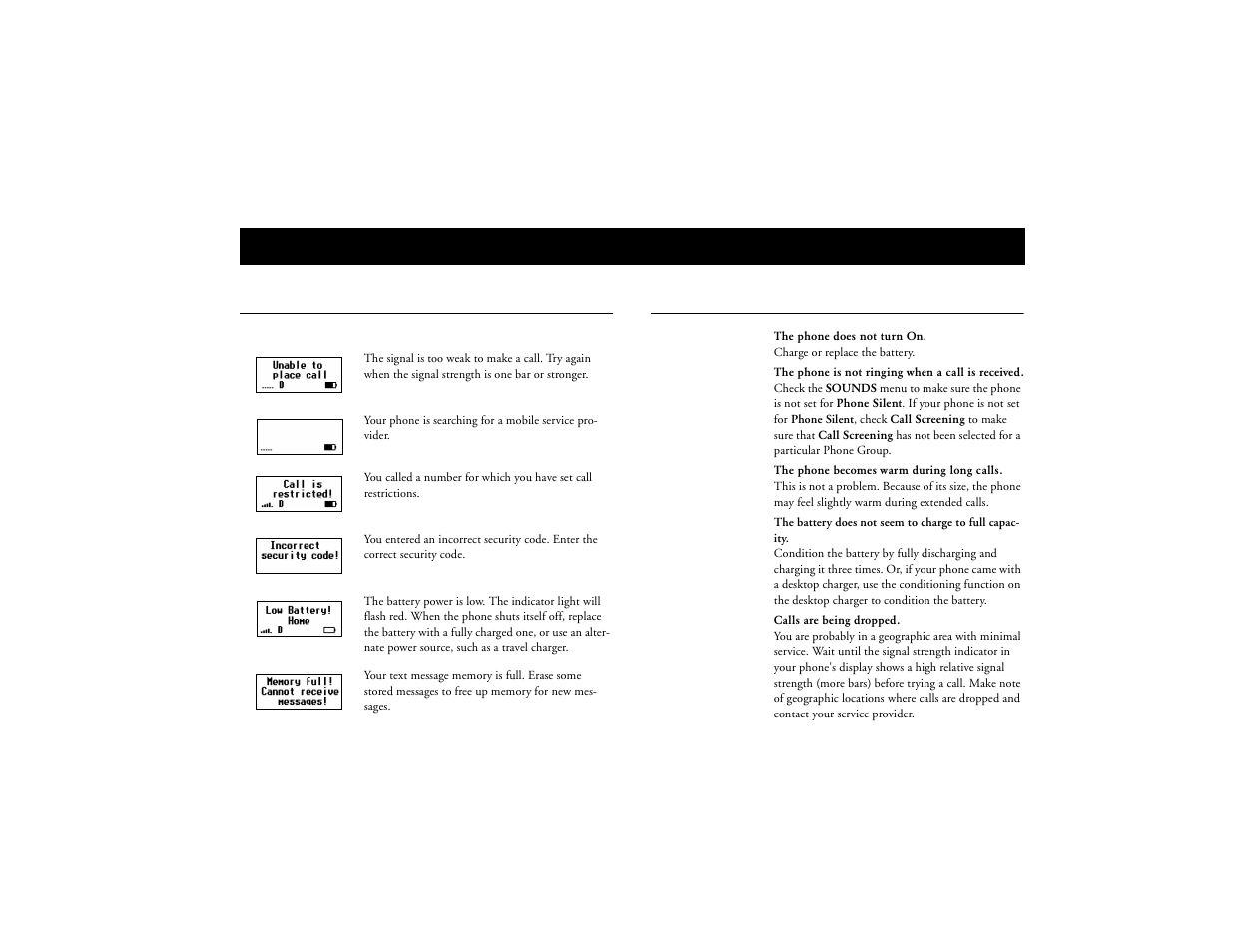 Problems you can solve, Displayed messages and explanations, Problems and possible solutions | Not for commercial use – ericsson inc | Ericsson T18d User Manual | Page 71 / 79
