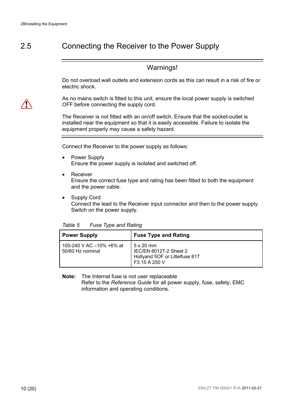 5 connecting the receiver to the power supply, Connecting the receiver to the power supply, Table 5 | Fuse type and rating, Warnings | Ericsson TT1222 User Manual | Page 10 / 20