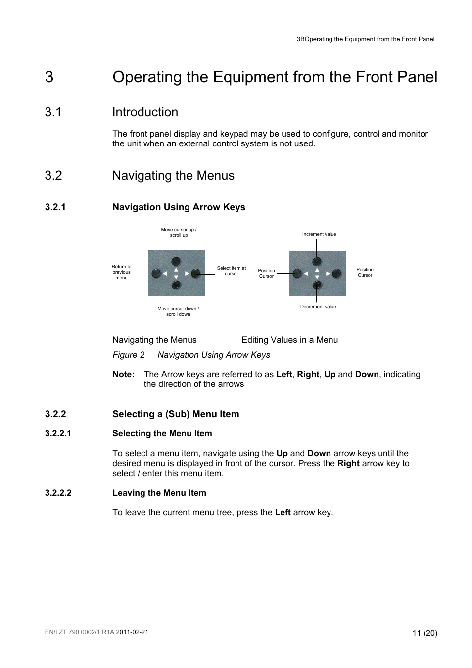 3 operating the equipment from the front panel, 1 introduction, 2 navigating the menus | Operating the equipment from the front panel, Introduction, Navigating the menus, Figure 2, Navigation using arrow keys, 3operating the equipment from the front panel, 1 navigation using arrow keys | Ericsson TT1222 User Manual | Page 11 / 20