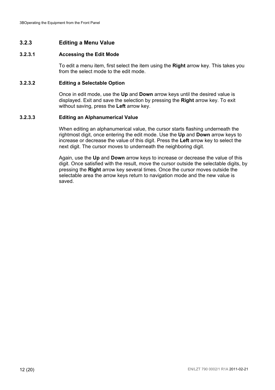 3 editing a menu value | Ericsson TT1222 User Manual | Page 12 / 20