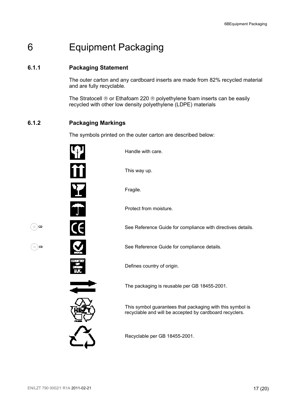 6 equipment packaging, Equipment packaging, 6equipment packaging | 1 packaging statement, 2 packaging markings | Ericsson TT1222 User Manual | Page 17 / 20