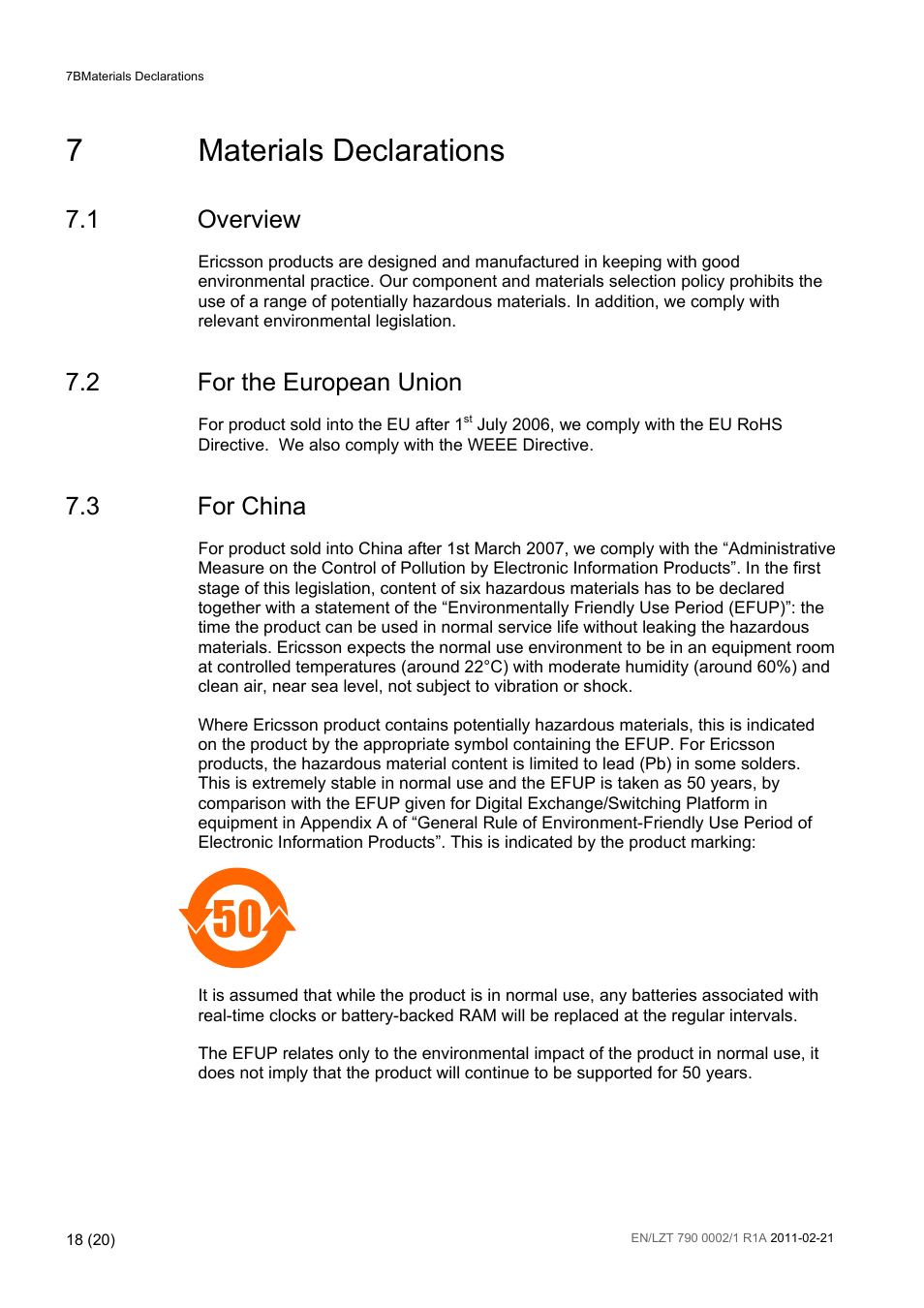7 materials declarations, 1 overview, 2 for the european union | 3 for china, Materials declarations, Overview, For the european union, For china, 7materials declarations | Ericsson TT1222 User Manual | Page 18 / 20